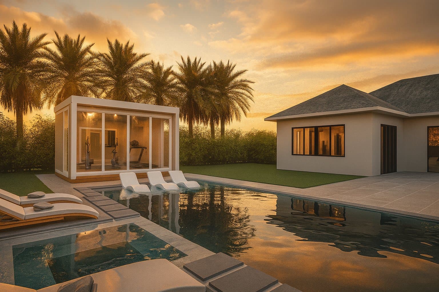 3D Rendering — Luxapod poolside cabana with loungers