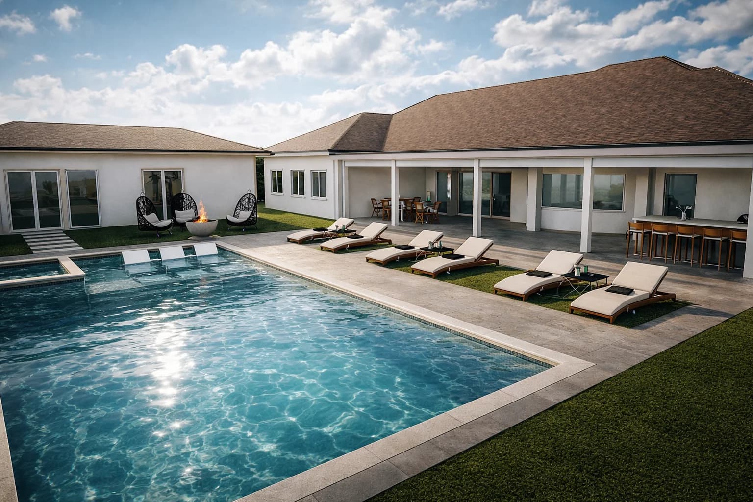 3D Rendering — Full backyard with pool, loungers, and outdoor kitchen