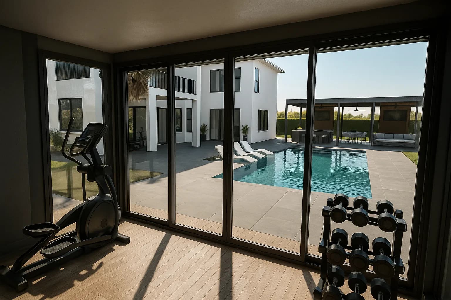 3D Rendering — Pool with pergola viewed from inside home gym