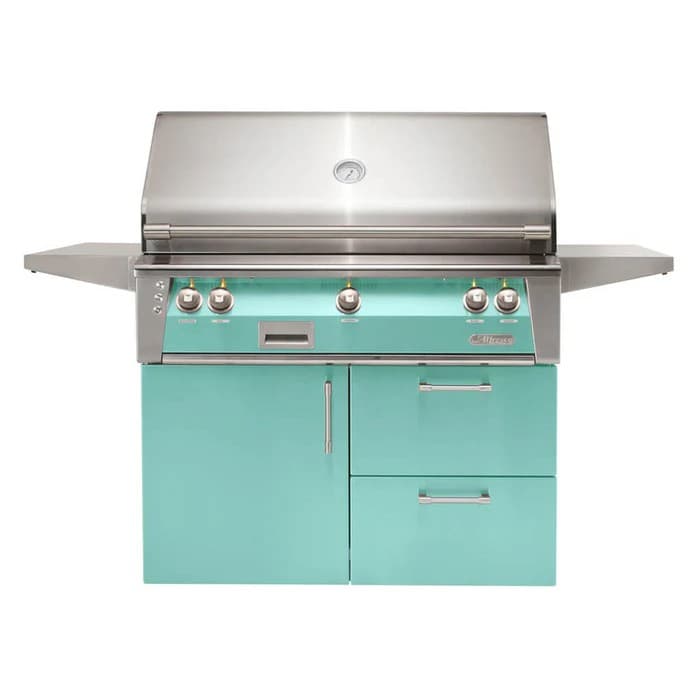 Alfresco 42" Deluxe Cart Grill, 2 Burner, Rotis, Single Door, Double Drawer, LP, Color