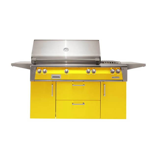 Alfresco 56" Deluxe Cart Grill, 3 Burner, Side Burner, Rotis, Double Door, Double Drawer, LP, Color