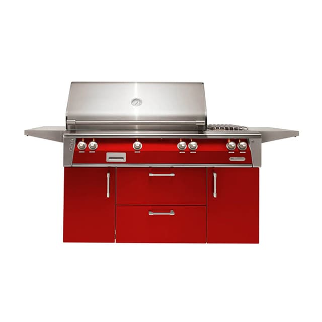 Alfresco 56" Deluxe Cart Grill, 3 Burner, Side Burner, Rotis, Double Door, Double Drawer, NG, Color