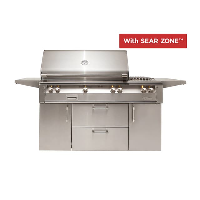 Alfresco 56" Deluxe Cart Grill, 3 Burner, Side Burner, Rotis, Double Door, Double Drawer, Sear Zone, NG