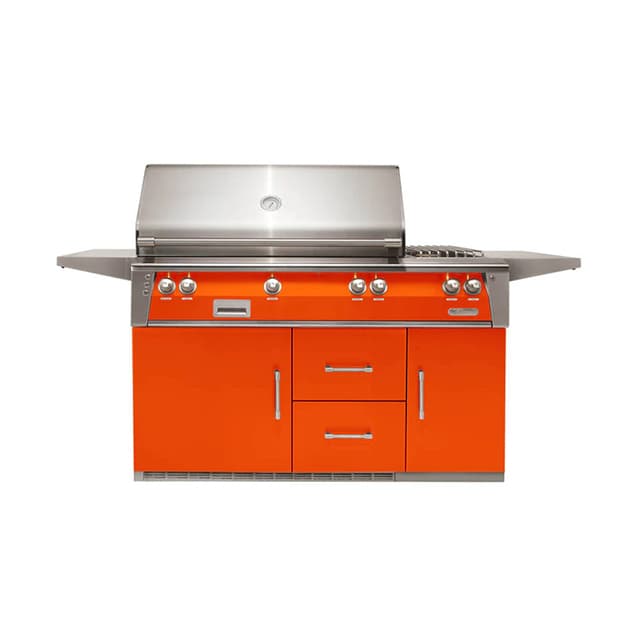 Alfresco 56" Refrigerator Cart Grill, 3 Burner, Rotis, Single Door, Double Drawer, NG, Color