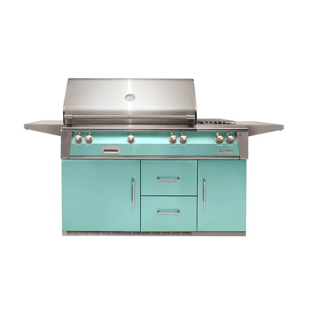 Alfresco 56" Refrigerator Cart Grill, 3 Burner, Side Burner, Rotis, Double Door, Double Drawer, Sear Zone, LP, Color