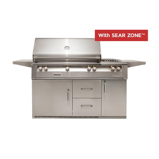 Alfresco 56" Refrigerator Cart Grill, 3 Burner, Side Burner, Rotis, Double Door, Double Drawer, Sear Zone, NG